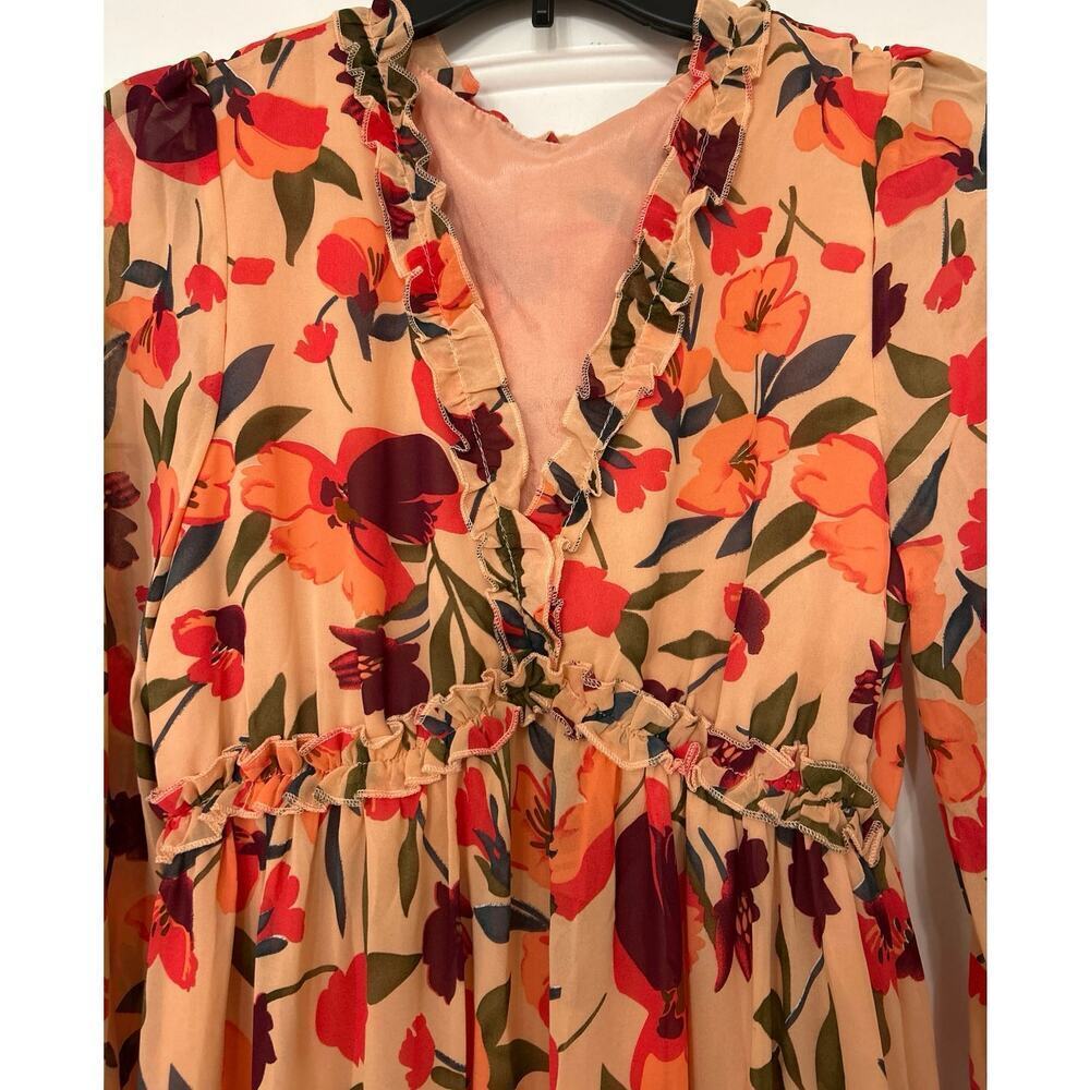 Peachy Pink Floral Empire Waist Ruffle Tiered Maxi Dress Boho Cottagecore Small - Picture 8 of 16